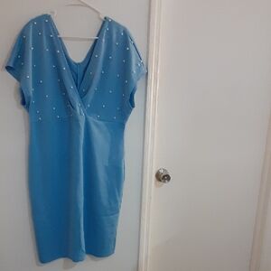 TUNI Elegant Blue Midi Dress with Pearl Accents